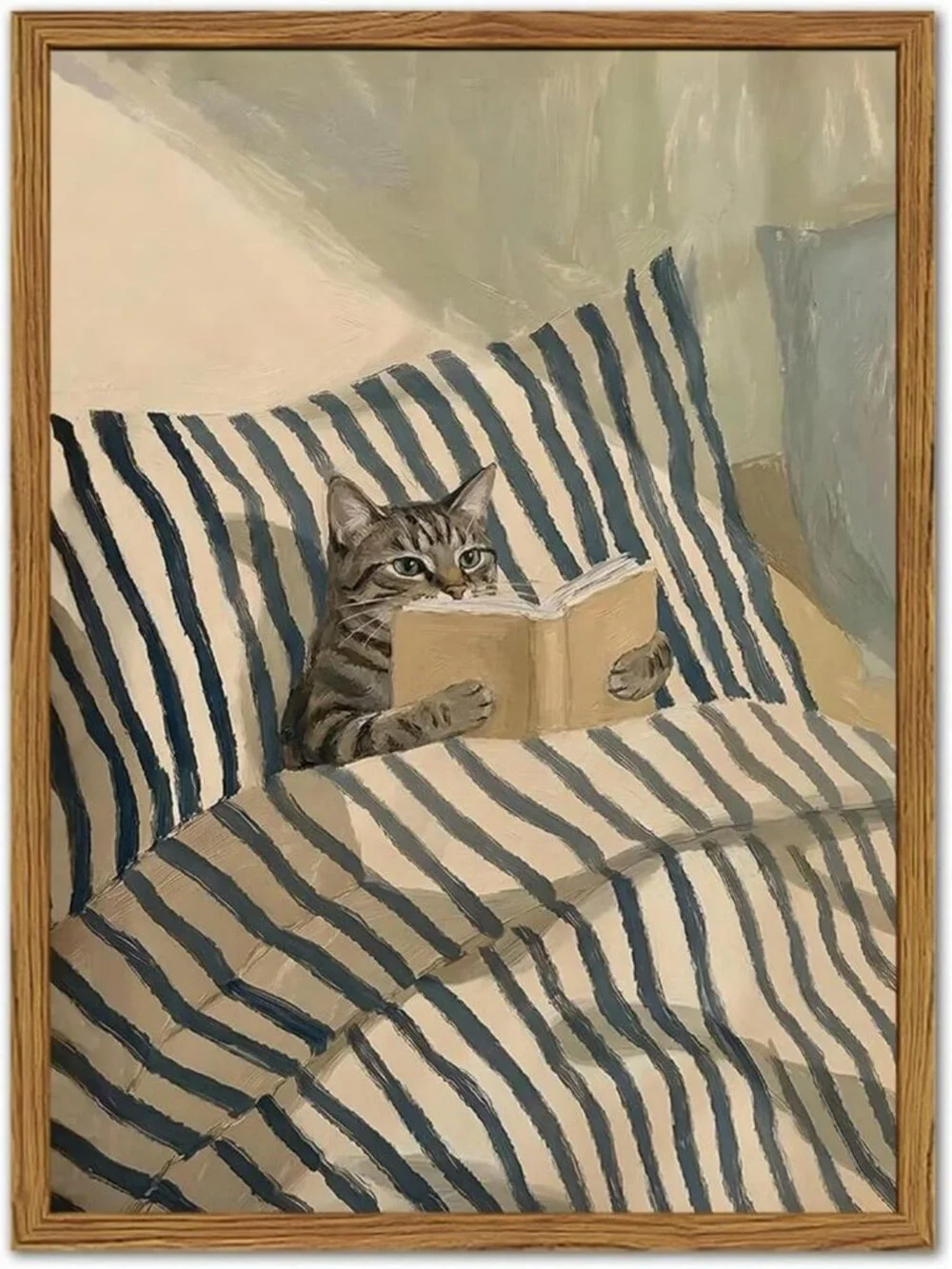 Whimsical Cat Wall Art, Cute Tabby Reading Book Canvas Print for Cozy Home Decor